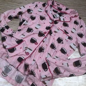 R-58 COZY ZOE soft sleep shirt Button up pajama top PINK COFFEE CUPS size S nwt